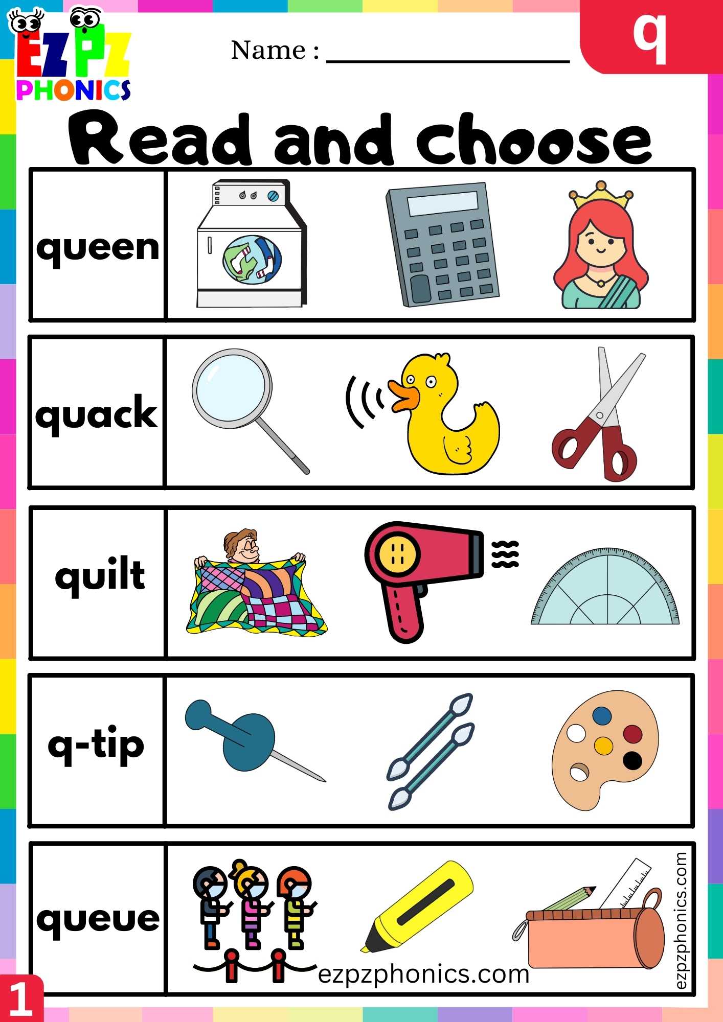 Letter Q Read And Choose Beginning Sounds Worksheet